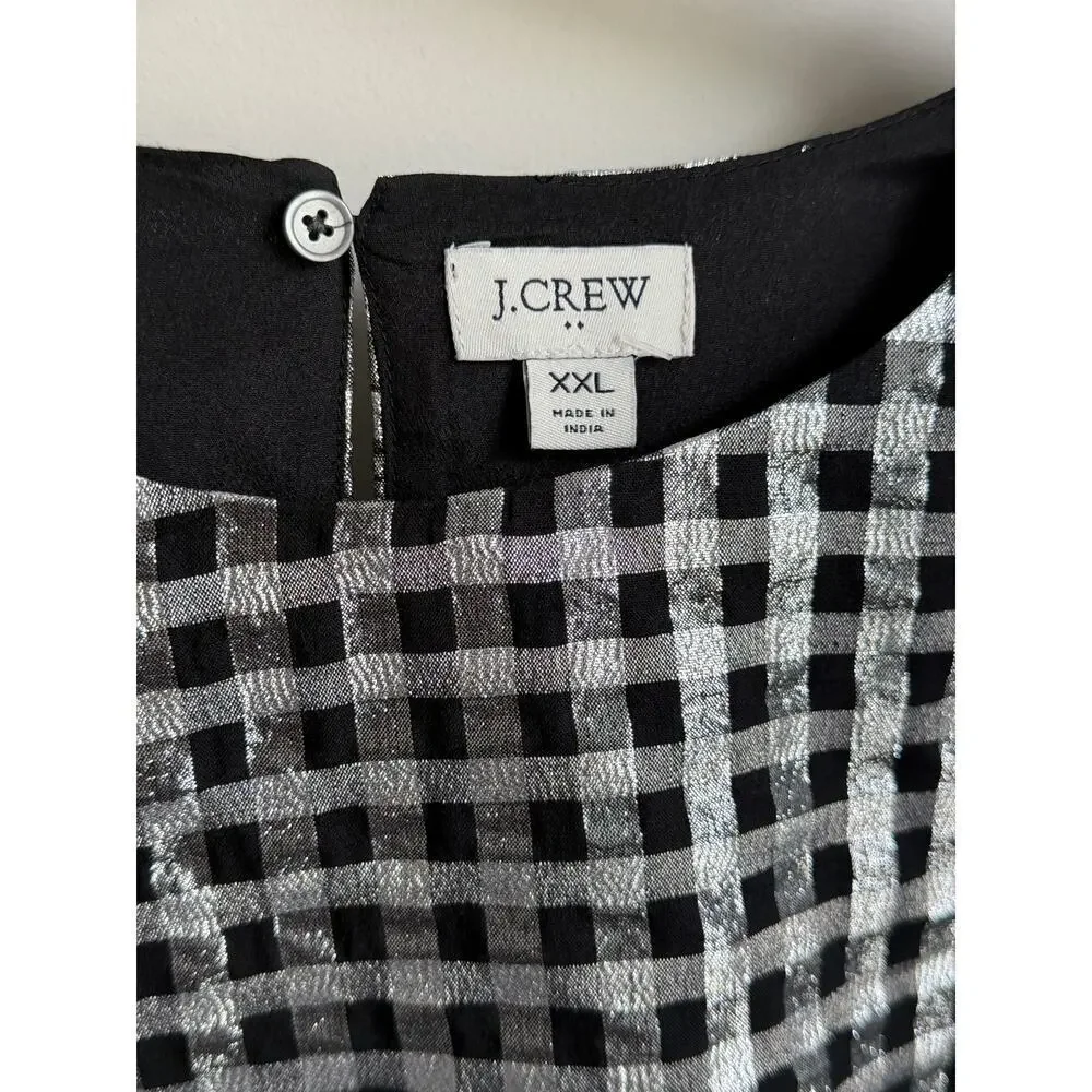 J. Crew Metallic Gingham Puff-Sleeve Blouse Top Black White Womens Size XXL NWT